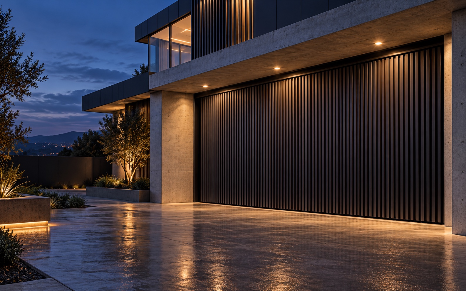 Matte black vertical-slat aluminium garage door on a contemporary building