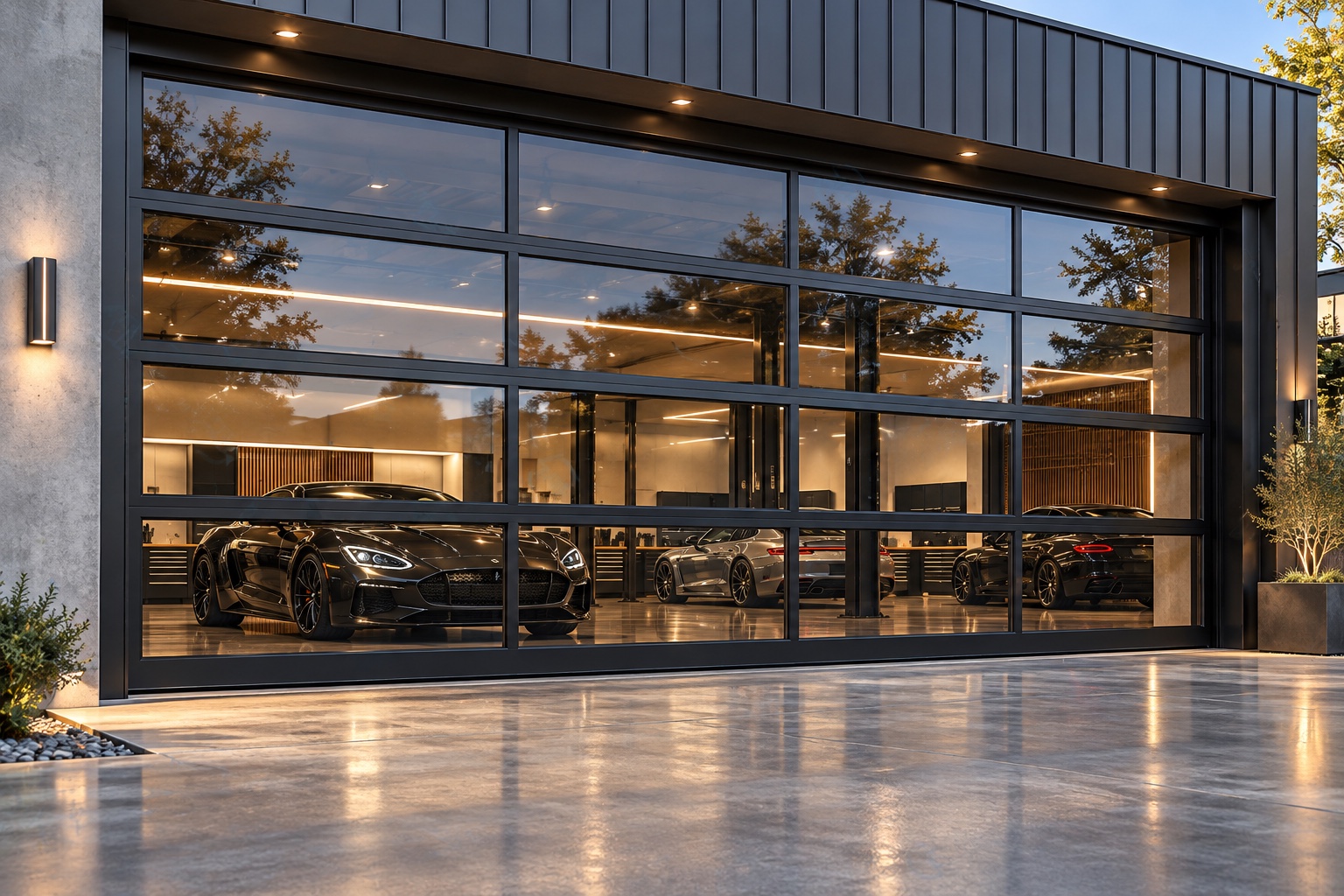 Black framed panoramic glass sectional garage door